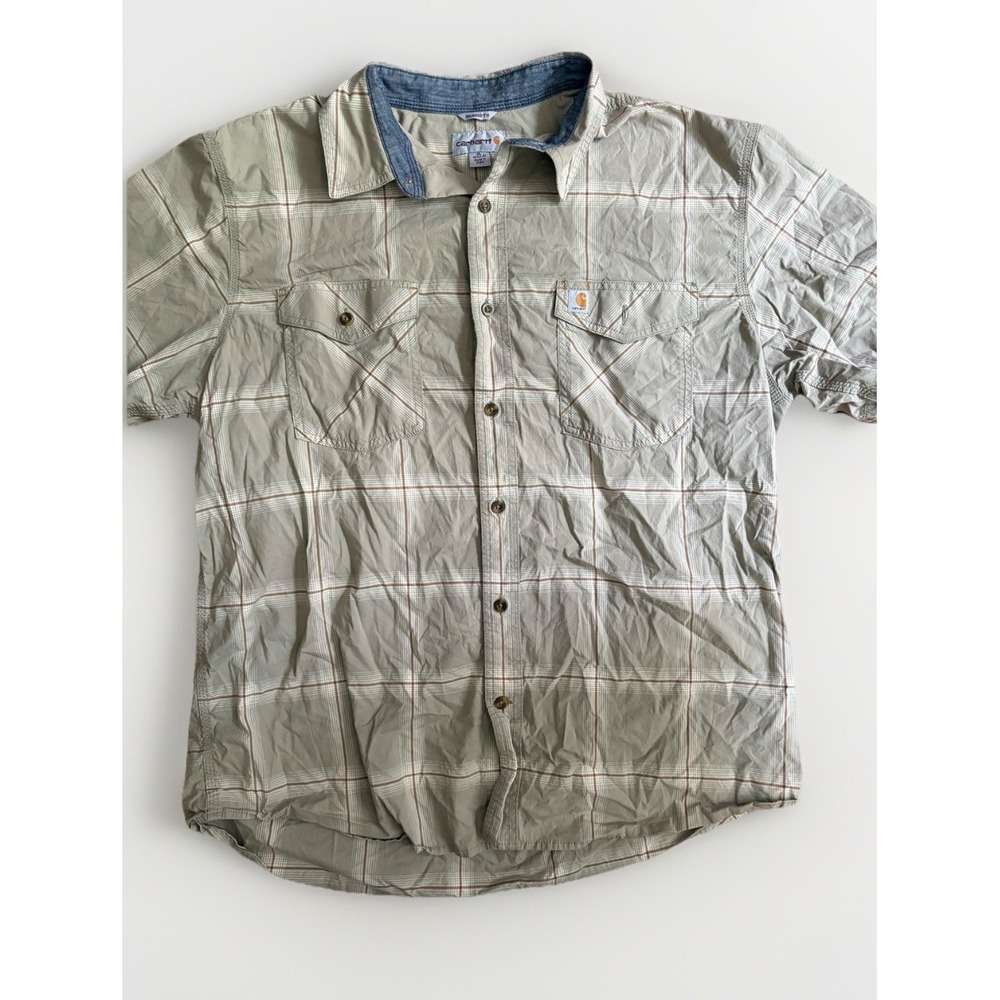 Carhartt Men's Button Down Short Sleeve Shirt Relaxed Fit Beige Plaid‎ Size XL
